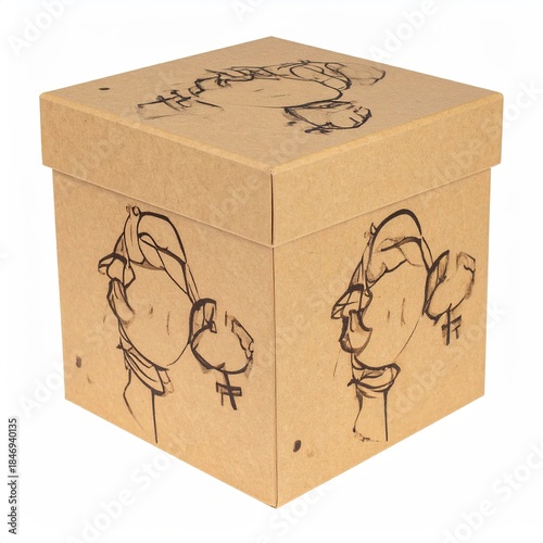 A cube box crafted from tan cardboard, detailed with sketchy drawings
