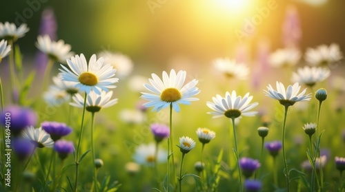 Fototapeta Naklejka Na Ścianę i Meble -  A field of beautiful daisies and wild purple flowers bathed in golden sunlight