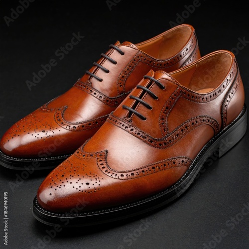Two brown leather dress shoes with black laces and decorative perforations