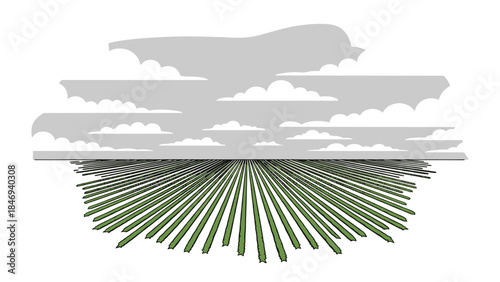 Stylized illustration depicts a gray airplane silhouette flying above a field of green stalks, evoking a sense of travel and nature.
