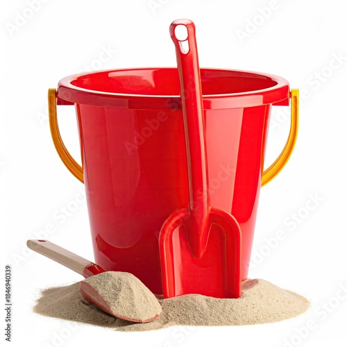 Red beach bucket, shovel, and sand scoop in front of a sand pile