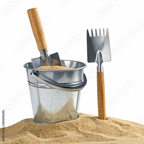 Sand bucket with tools, partially filled, sits on a small sand mound