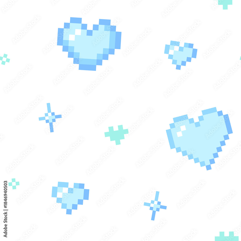 Obraz premium Blue Pixel Heart Seamless Pattern, Background
