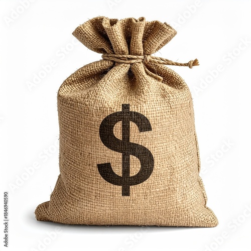 A burlap sack, tied at the top, bearing a large dollar sign
