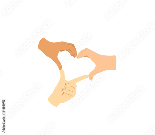 Three hands with different skin tones joining together to create a heart symbol. Vibrant flat art representation of racial harmony, global unity, social inclusion, collective love, community support, 