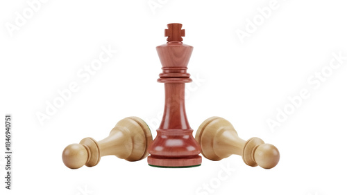 Tableau sur toile Wooden chess king piece isolated PNG, standing tall among fallen pawns on transp