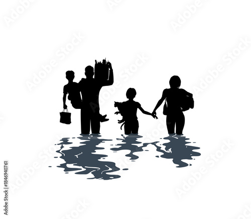 A father carrying a child and mother holding hands with a young boy while wading through water with their belongings. A powerful minimalist symbol for migration, the search for safety, humanitarian cr