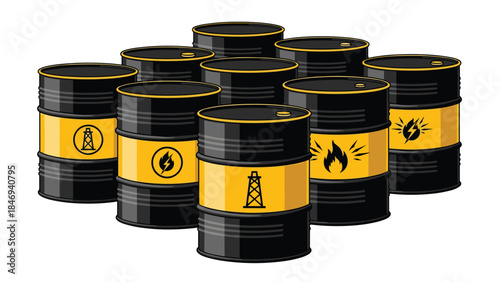 A collection of black oil barrels with yellow hazard stripes and warning symbols represents energy, industry, and potential environmental risks.