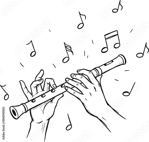 Hand playing a flute with musical notes surrounding it, symbolizing melody and music performance. Vector illustration for educational material, poster, banner