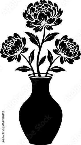 Black silhouette of three stylized chrysanthemum flower in a vase illustration. Simple botanical bloom decorative motif concept stock vector