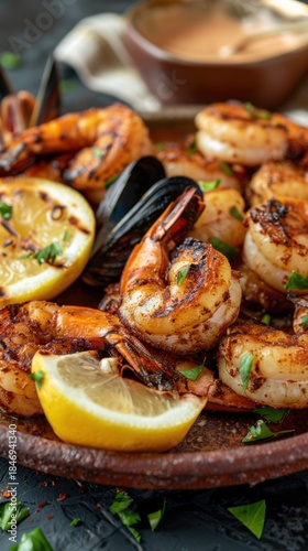 Grilled seafood tapas served with lemon and fresh herbs on a wooden plate