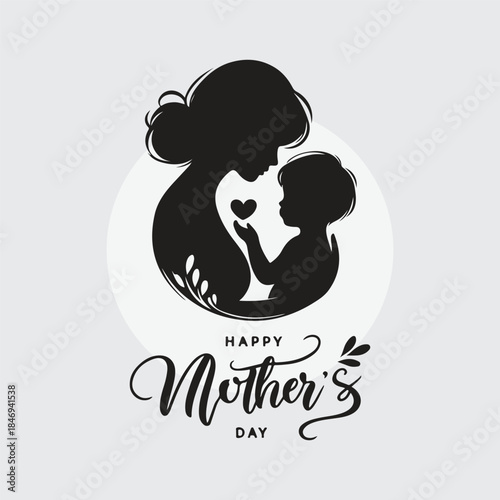 silhouette of a mother holding her child’s hand with hand-lettered ‘Happy Mother’s Day’ text
