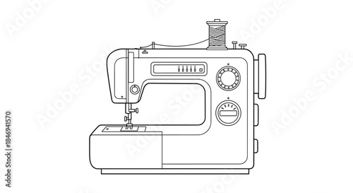 Outline drawing of a vintage sewing machine showing the head body spool pin top handle and control dials in a clean technical line art style.