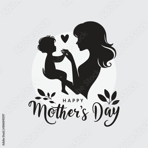 silhouette of a mother holding her child’s hand with hand-lettered ‘Happy Mother’s Day’ text