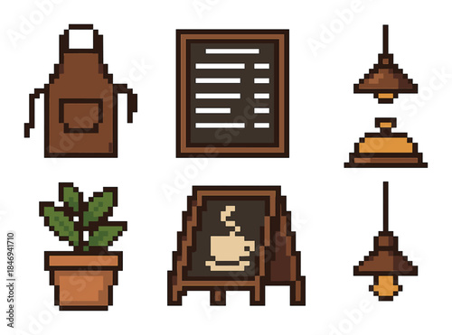 Pixel art coffee shop items: apron, menu, bells, potted plant, coffee sign