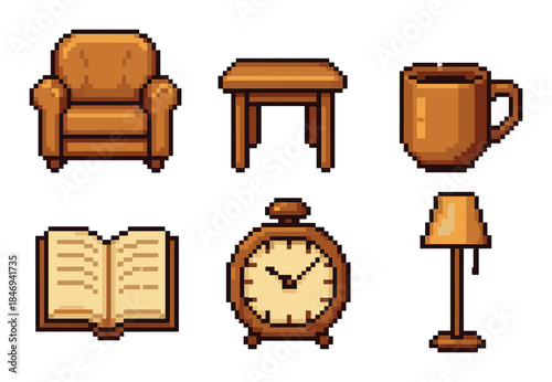 Retro pixel art furniture and objects: armchair, coffee cup, book, clock, and lamp