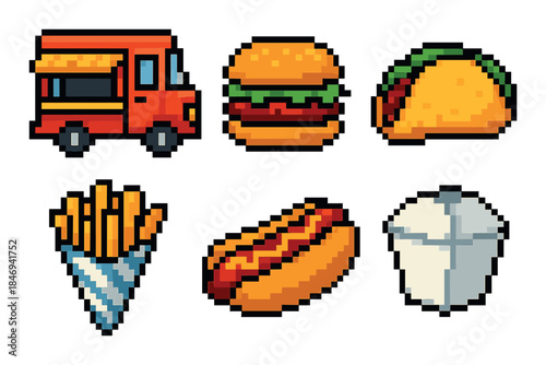 Retro pixel art of food truck and fast food icons on gradient background