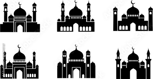 set of Six mosque silhouette icons in different architectural styles black on white background vector desing