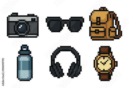 Retro pixel art icons of camera, sunglasses, backpack, water bottle, headphones, and watch