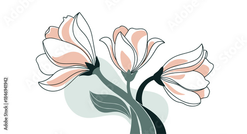 Three delicate flowers with peach petals and dark stems rise together in a graceful abstract illustration with soft green and pale peach shapes.