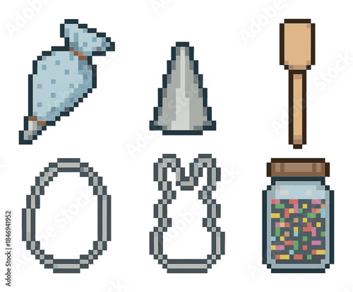 Pixel art baking tools with piping bag, cookie cutters, sprinkles, and spatula