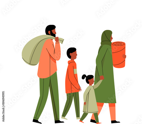 A father, mother, and two children carrying belongings while walking. Minimalist flat art symbol for migration, asylum seekers, crisis, and human rights.