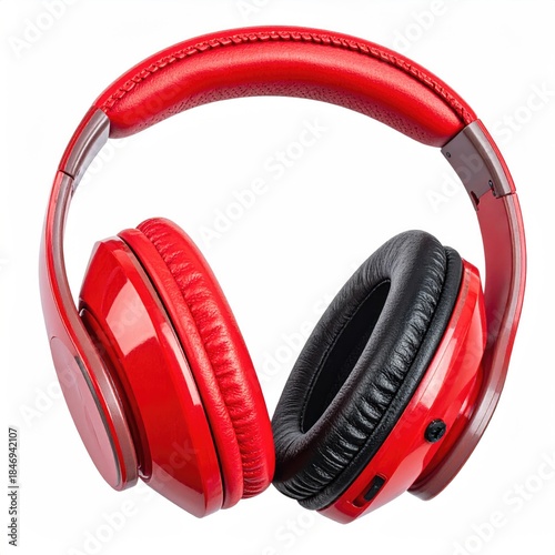 Bright red over-ear headphones, isolated on white