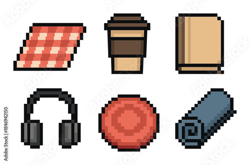 Pixel art essentials: blanket, coffee, book, headphones, frisbee, towel