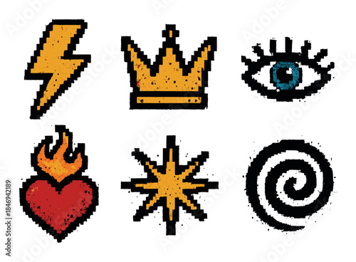 Pixel art symbols: lightning, crown, eye, heart, star, spiral on gradient background