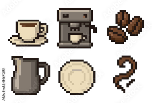 Pixel art coffee set with espresso machine, cup, beans, creamer, plate, and cinnamon