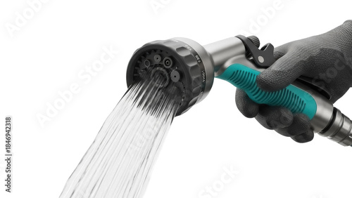 Fotografía Hand holding garden hose nozzle spraying water isolated PNG, gardening equipment