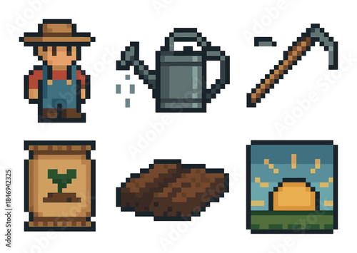 Retro pixel farming tools and icons collection in 8-bit style