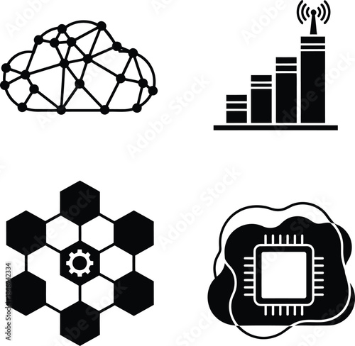 Set of technology and networking icons featuring a geometric digital cloud signal tower bar graph with antenna hexagonal data cells and a central computer microchip.