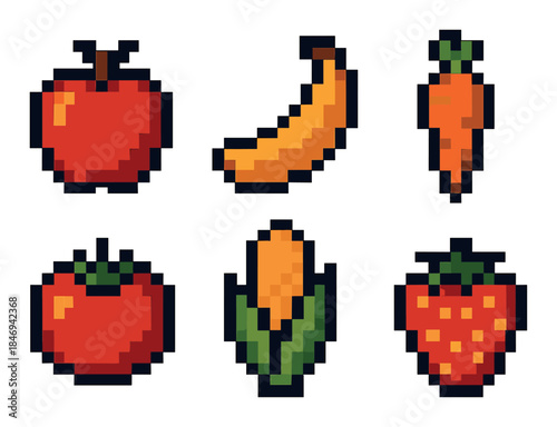 Colorful pixel art fruits and vegetables: apple, banana, carrot, corn, strawberry