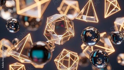 Abstract Geometric Shapes with Glowing Edges and Reflective Spheres.