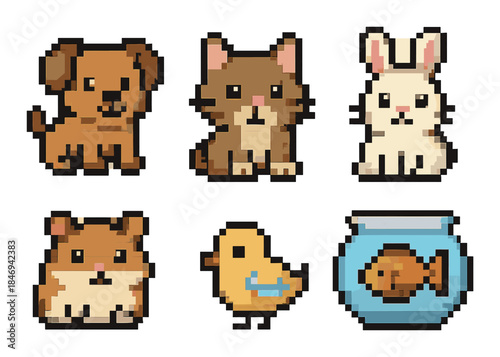 Pixel art animals: dog, cat, rabbit, hamster, duckling, fishbowl icons