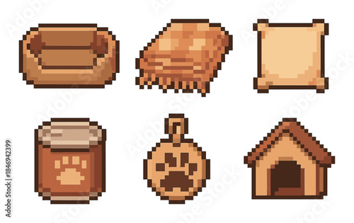 Pixel art pet accessories: bed, blanket, pillow, food, tag, house