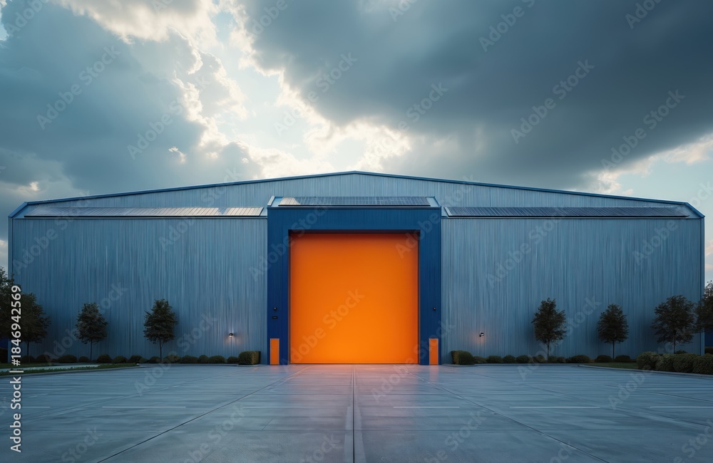 Obraz premium Large industrial warehouse with blue metal siding and an orange roll up door. Solar panels adorn the roofline. Exterior shot in daylight under cloudy skies.