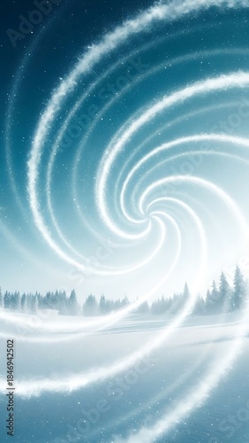 Abstract Swirling Light Vortex Over Snowy Landscape.