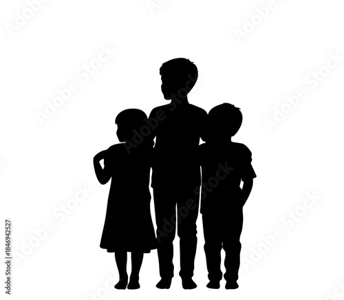 A group of three siblings or friends standing together in solidarity. Minimalist black silhouette symbol for childhood, friendship, youth, and brotherly or sisterly bonds