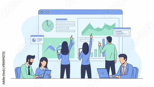 Business meeting with data analysis and presentations on a whiteboard