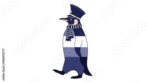Charming illustration of a penguin dressed as a sailor with a captain's hat and striped scarf walking confidently.