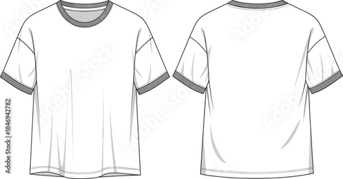 Technical Fashion Flat Vector Drawing of a Basic T-Shirt; Front and Back Views of a Short-Sleeved Top for Garment Design and Apparel Mockup