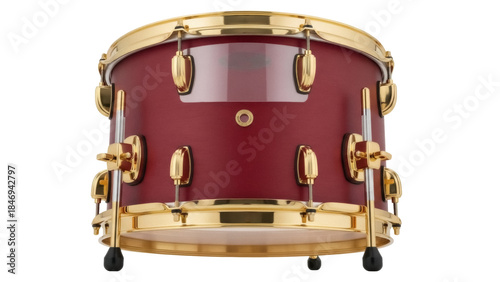 Burgundy red drum isolated PNG on transparent background, musical instrument for percussion and rhythm in music performance