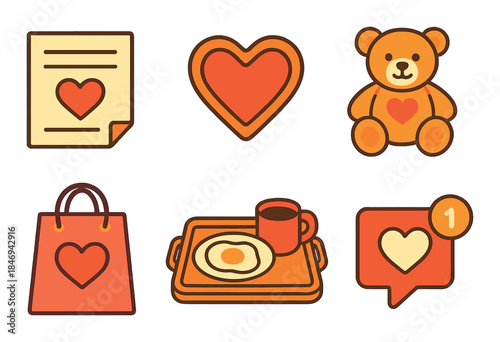 Heart-themed icons featuring teddy bear and breakfast with notification alert