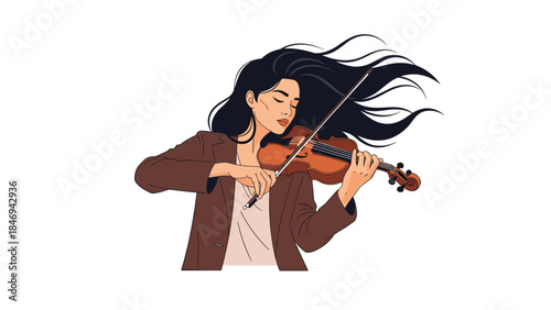 Passionate young woman intensely plays the violin with flowing hair, showcasing musical talent and artistic expression.