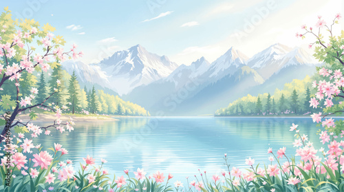 Spring blossom lake with crystal water and peaceful mountains. Serene mountain lake framed by blooming trees and soft light. Fresh spring landscape with flowers, calm water, and peaks