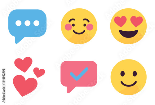 Colorful emoji set with heart eyes and speech bubbles on vibrant background