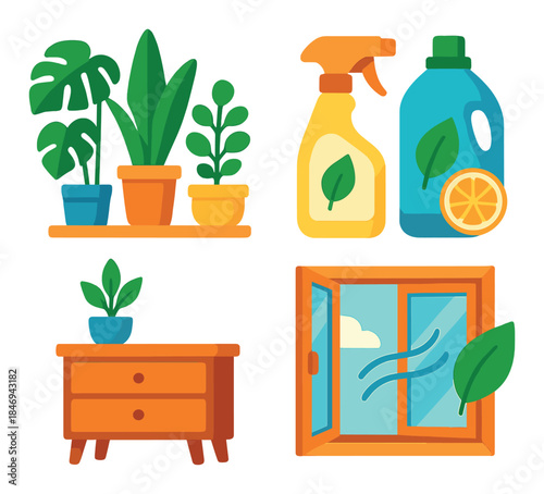 Eco-friendly home decor and cleaning products with plants and open window