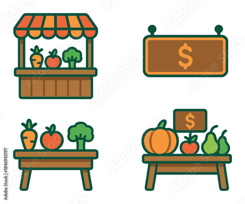 Fresh produce stalls with vegetables and price sign icons